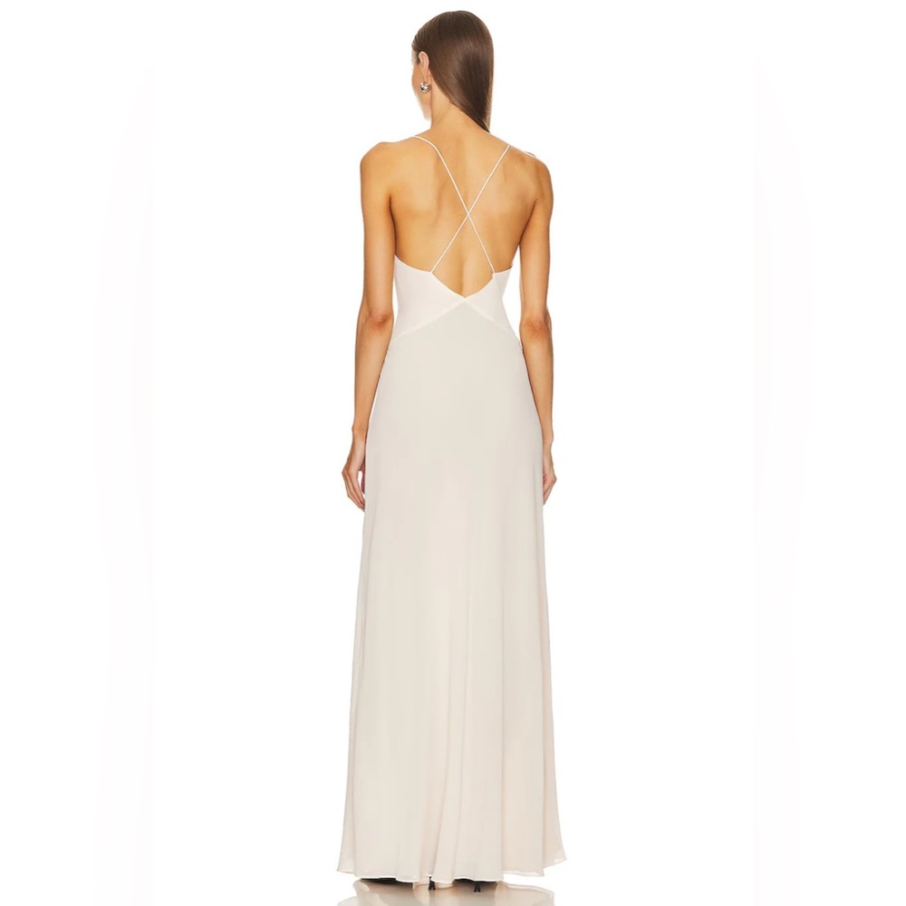 Revolve Helsa Sheer Deep V Long Slip Dress Cream Maxi with Rosette Flower Small - Picture 3 of 14
